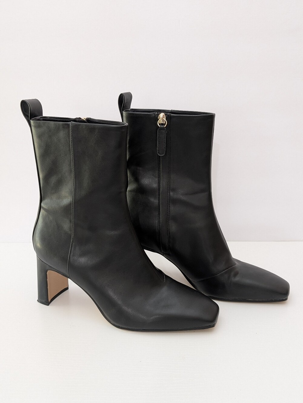 H&M Black Leather Mid Calf Heeled Boots Sz 9.5 Square Toe Block Heel Y2K Classic